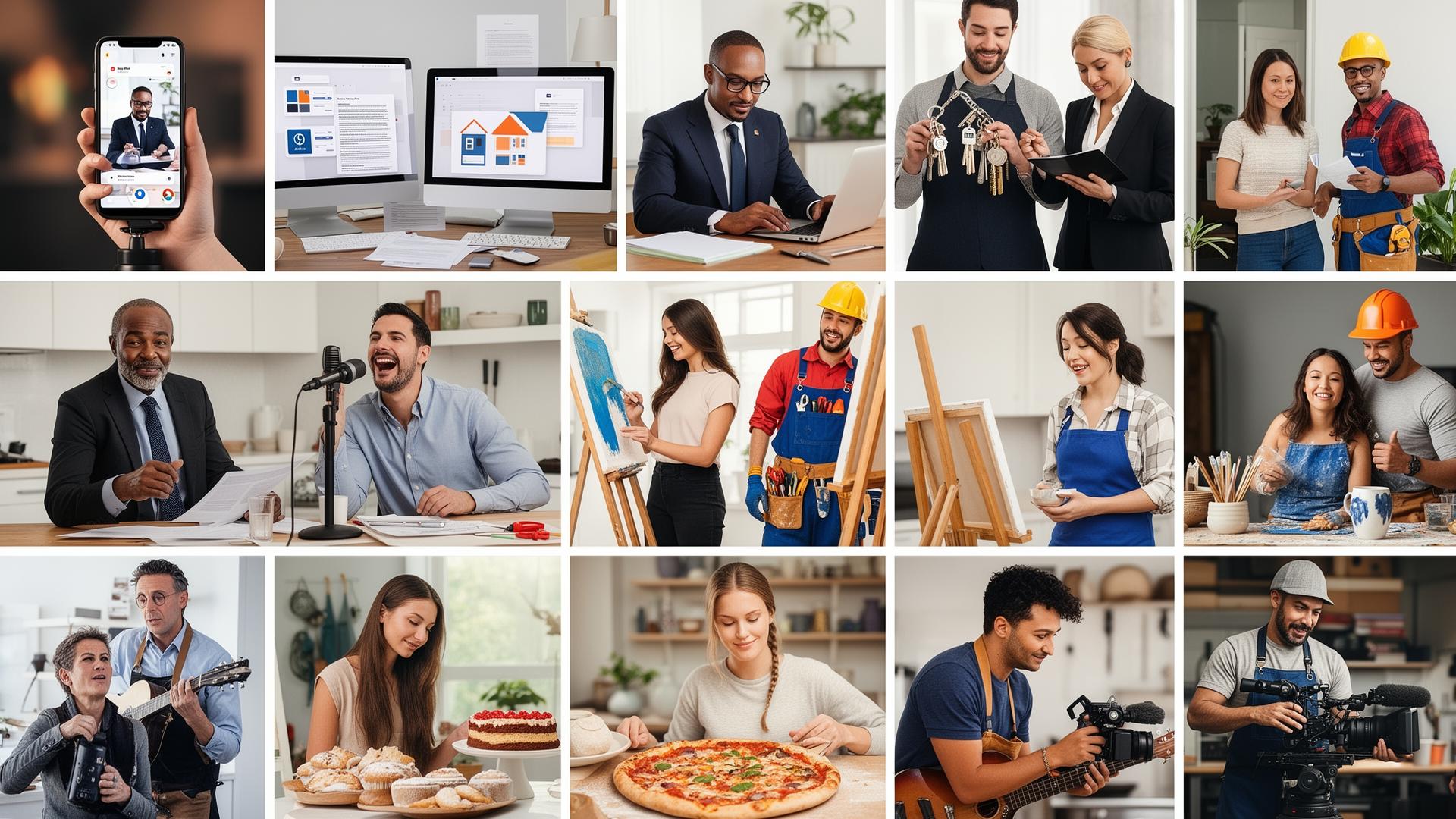Collage of digital creators, service professionals, tradespeople, makers, musicians, filmmakers, food sellers, and artists sharing goods and services